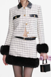 Check boucle fur hem mini skirt