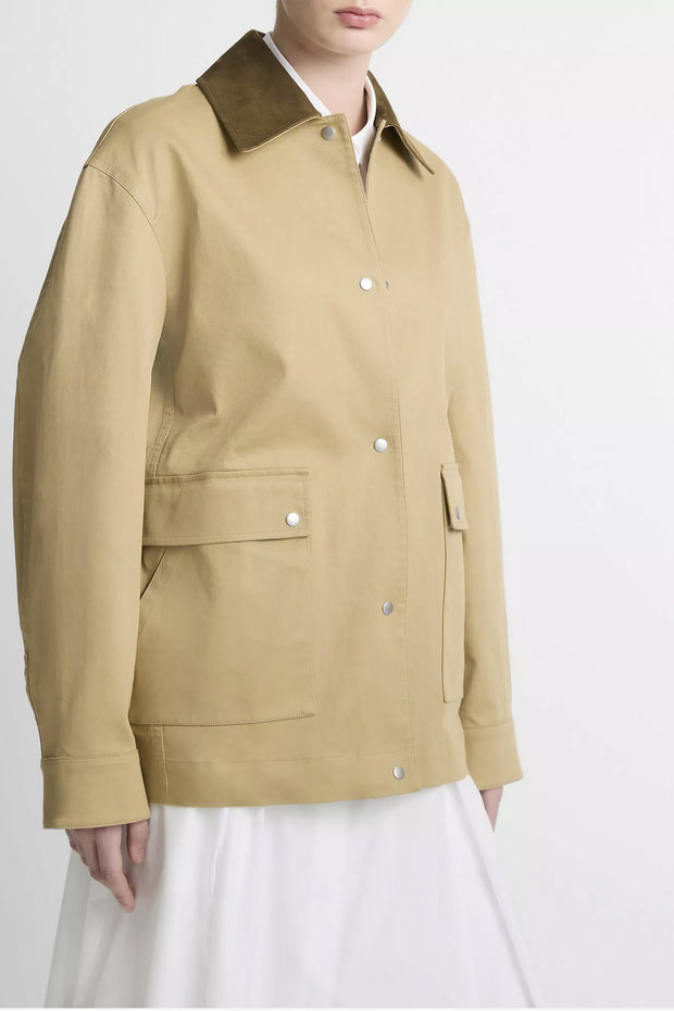 Suede Collar Utility Snap Front Jacket