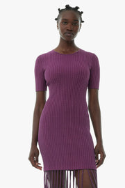 Melange Knit Fringe Short Sleeve Mini Dress