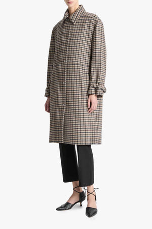 Plaid Car Coat With Faux Leather Trim