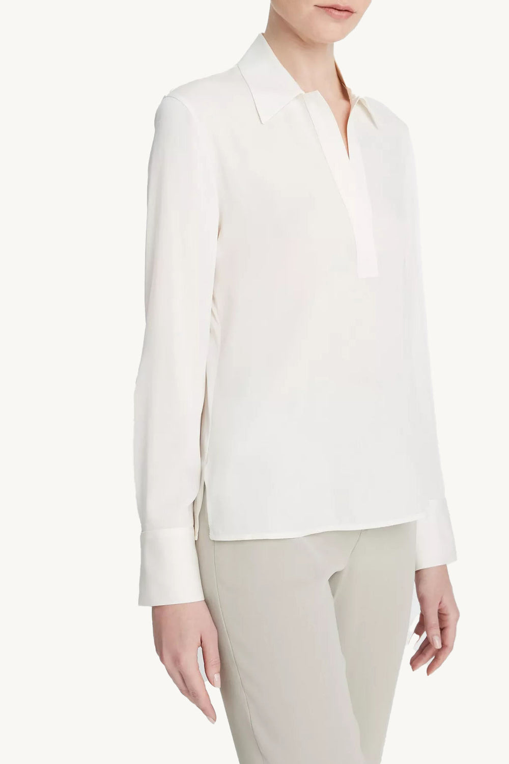 Stretch-Silk Long-Sleeve Polo Blouse