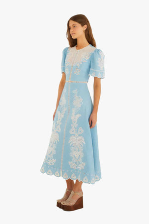 Light Blue Embroidery Short Sleeve Midi Dress