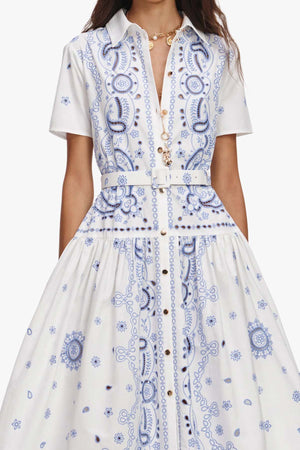 White And Blue Embroidered Midi Dress