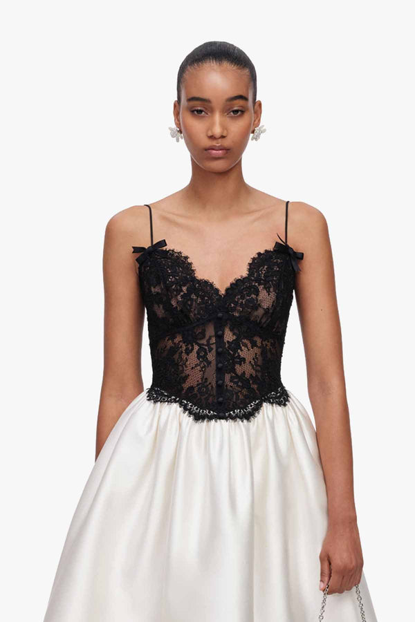 Cream Taffeta Contrast Lace Midi Dress