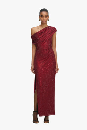 Burgundy Rhinestone Drape Midi Dress