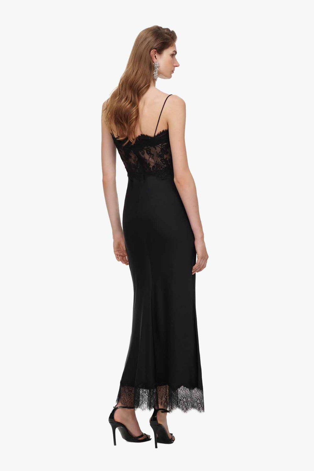 Black Satin Lace Midi Dress