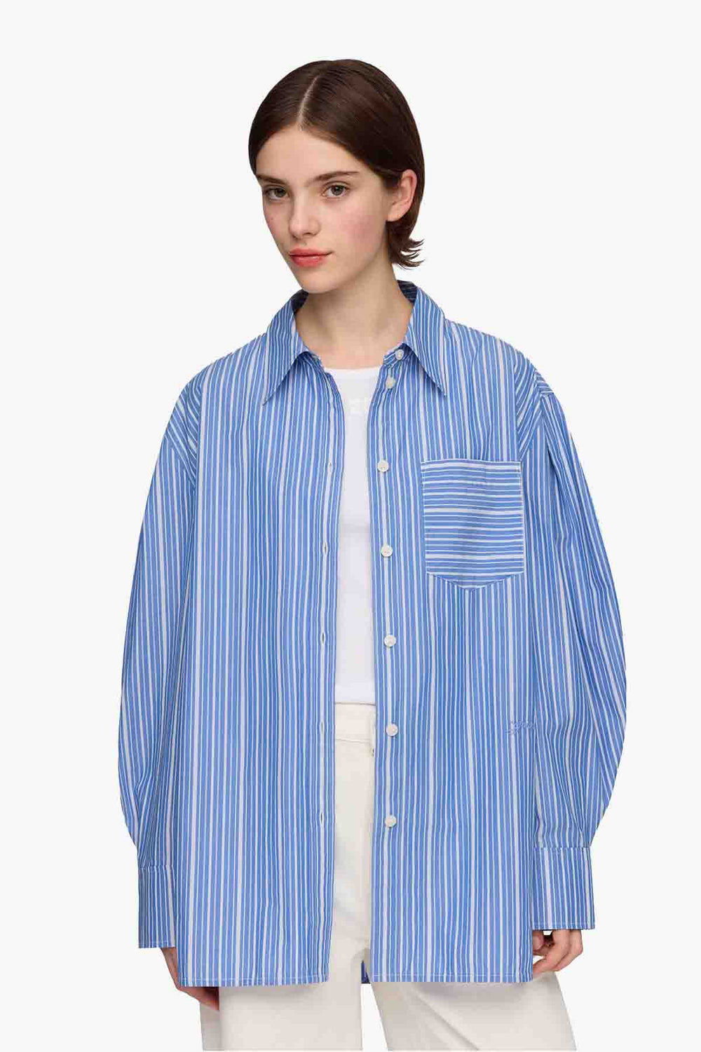 Stripe Cotton Pleated Sleeve Shirt