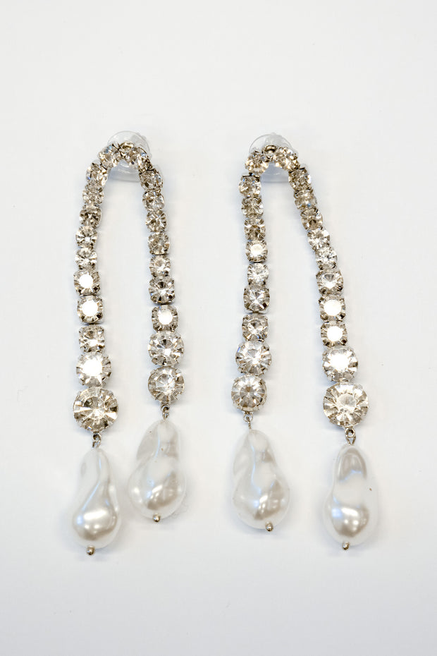 Silver Crystal Drop Pearl Earrings