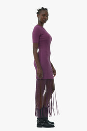 Melange Knit Fringe Short Sleeve Mini Dress