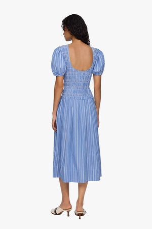 Stripe Cotton Long Smocked Pleated Dress