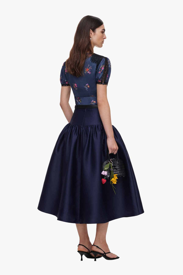 Navy Taffeta Midi Skirt