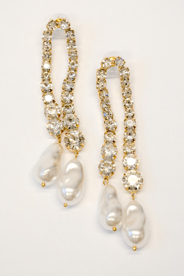 Gold Crystal Drop Pearl Earrings