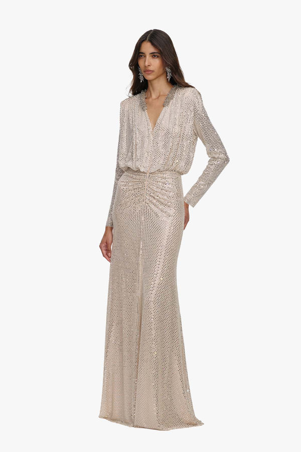 Champagne Rhinestone Embellished Maxi Dress