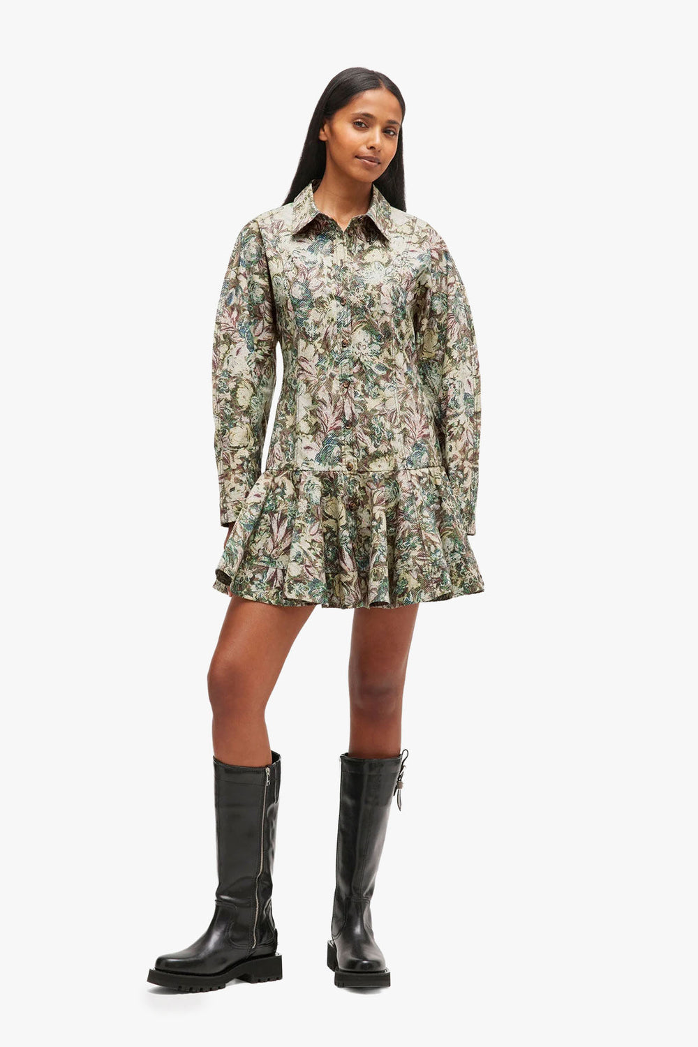 Printed Stretch Cotton Buttoned Mini Dress