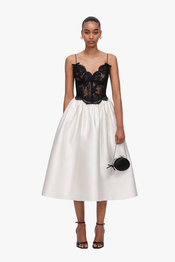 Cream Taffeta Contrast Lace Midi Dress