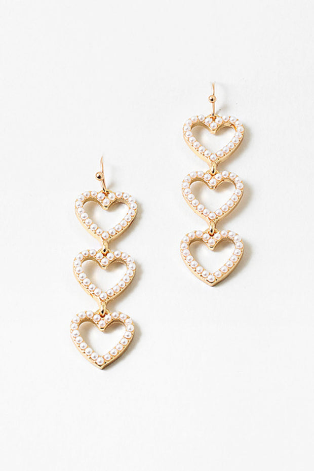 Triple Gold and Pearl Hearts Drop Earrings