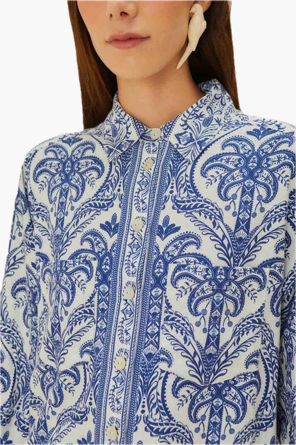 Blue Tropical Cameo Off-White Pajama Shirt
