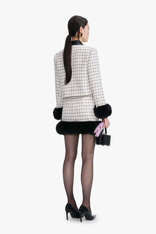Check boucle fur hem mini skirt