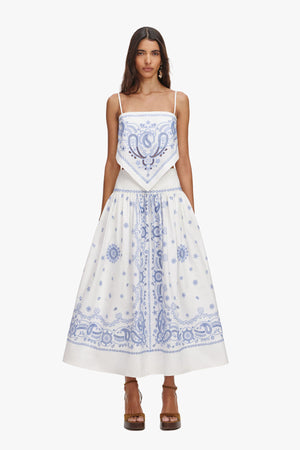 White And Blue Embroidered Midi Skirt