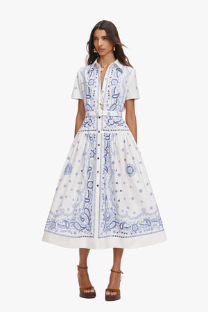 White And Blue Embroidered Midi Dress