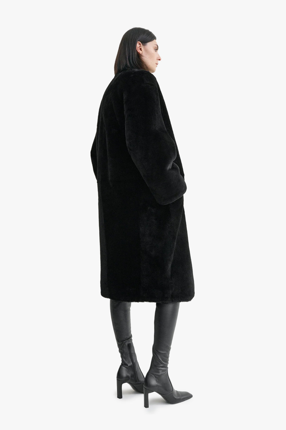Collarless Shearling Coat