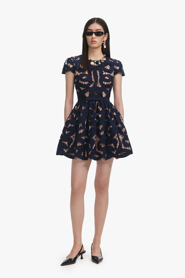 Navy Bow Embroidered Mini Dress
