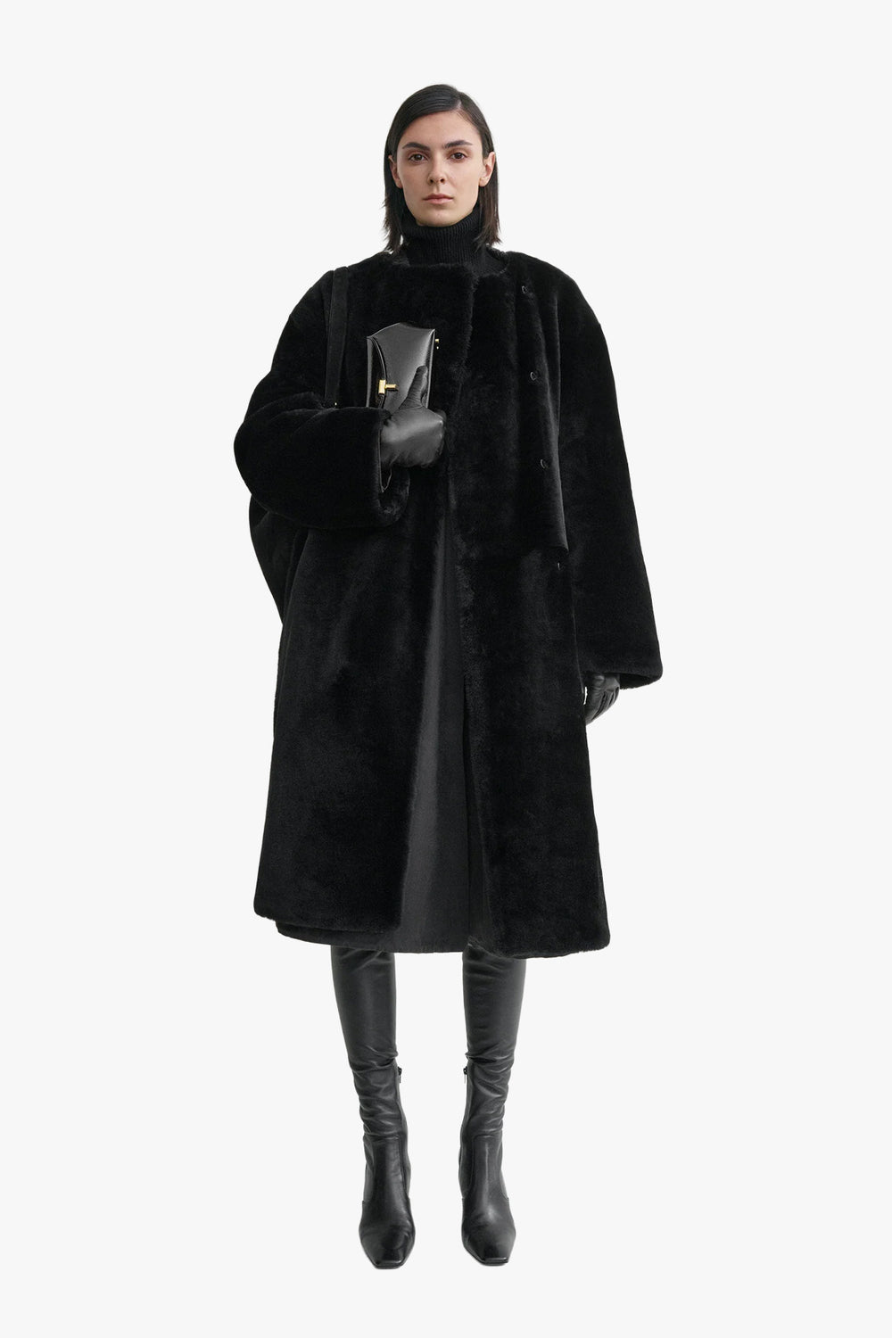 Collarless Shearling Coat