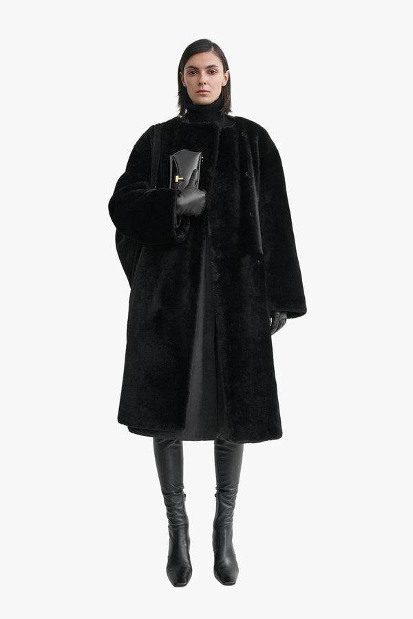 Collarless Shearling Coat