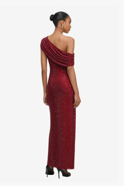 Burgundy Rhinestone Drape Midi Dress