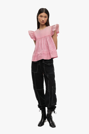Washed Stretch Cotton Frill Sleeve Top