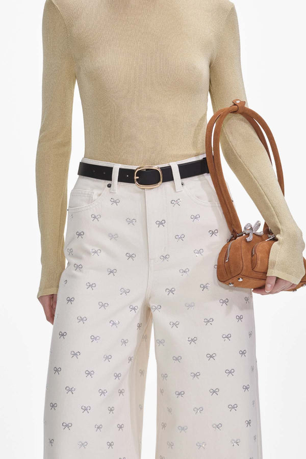 Cream Denim Diamante Bow Jeans