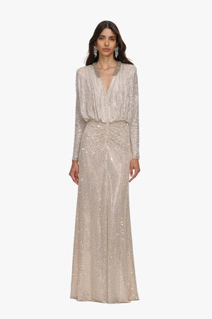 Champagne Rhinestone Embellished Maxi Dress