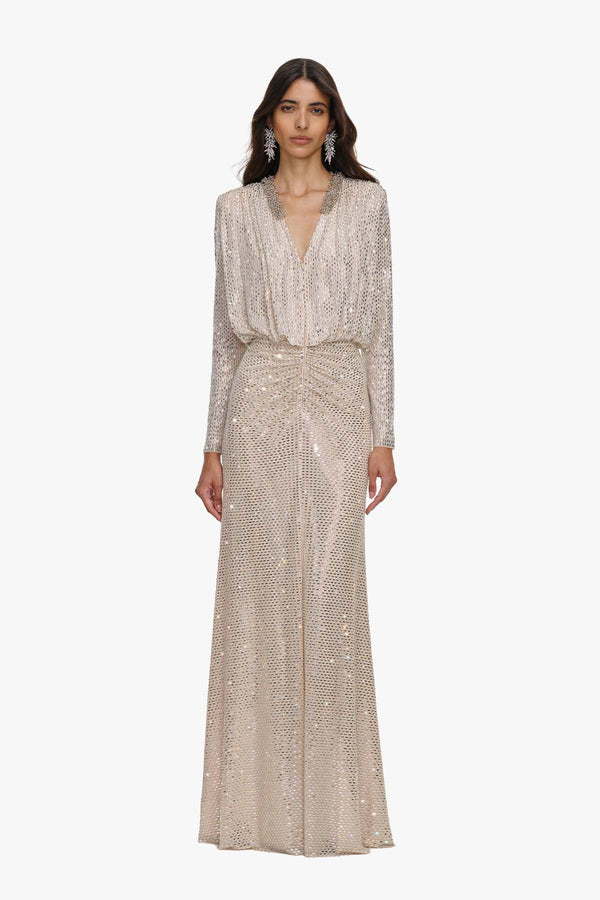 Champagne Rhinestone Embellished Maxi Dress