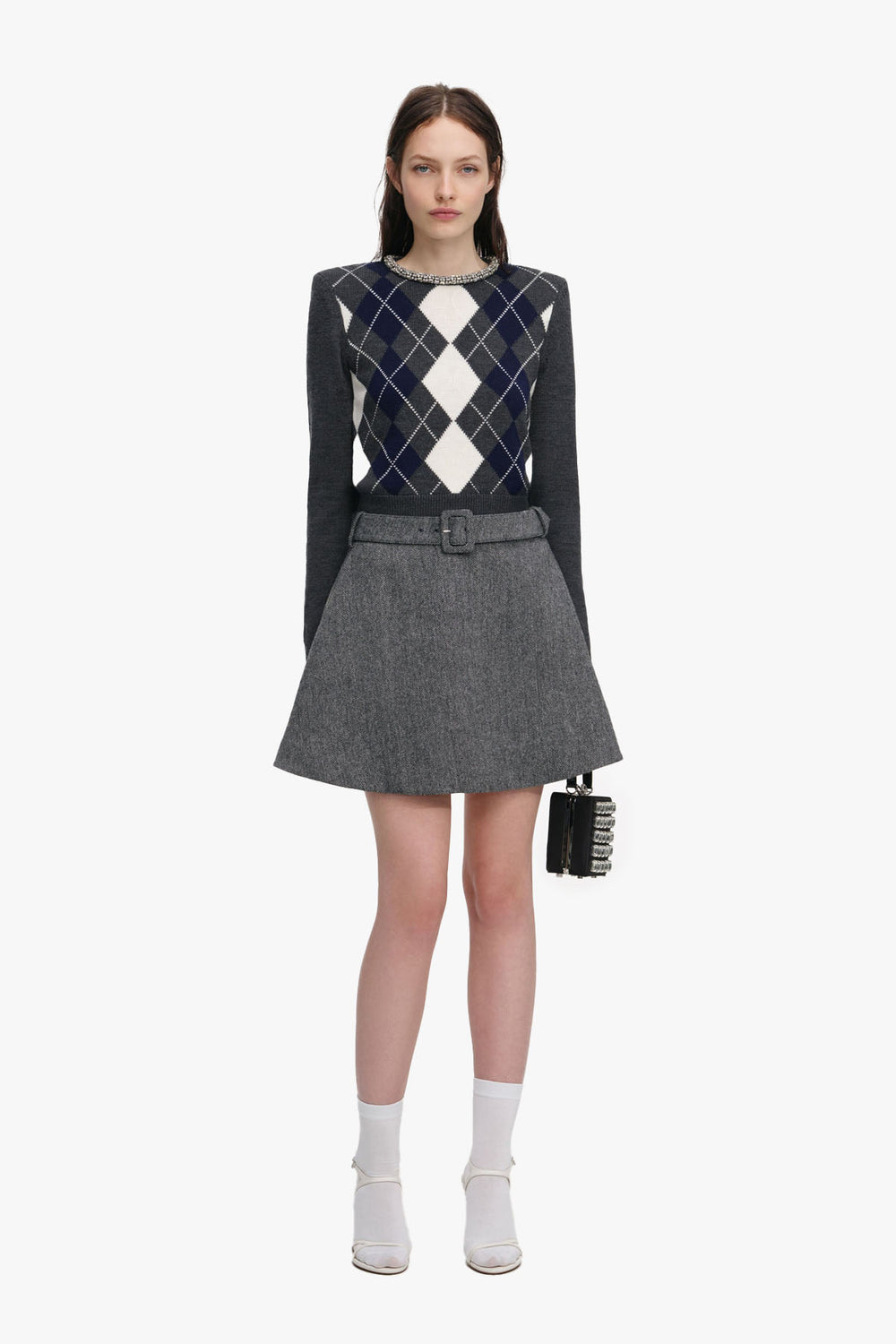 Gray Argyle Crystal Trim Jumper