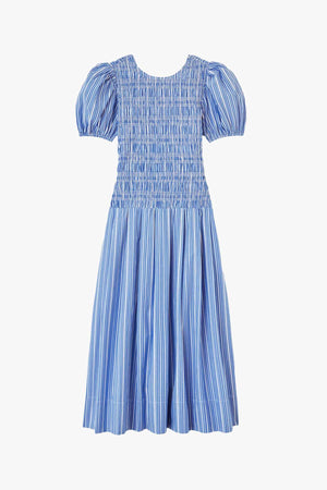 Stripe Cotton Long Smocked Pleated Dress