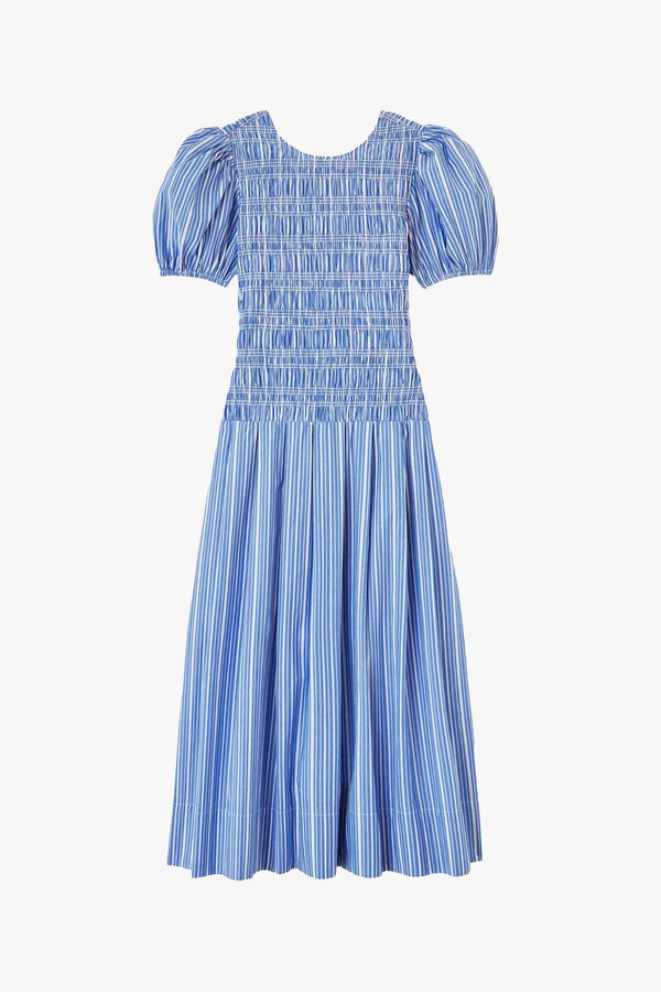 Stripe Cotton Long Smocked Pleated Dress