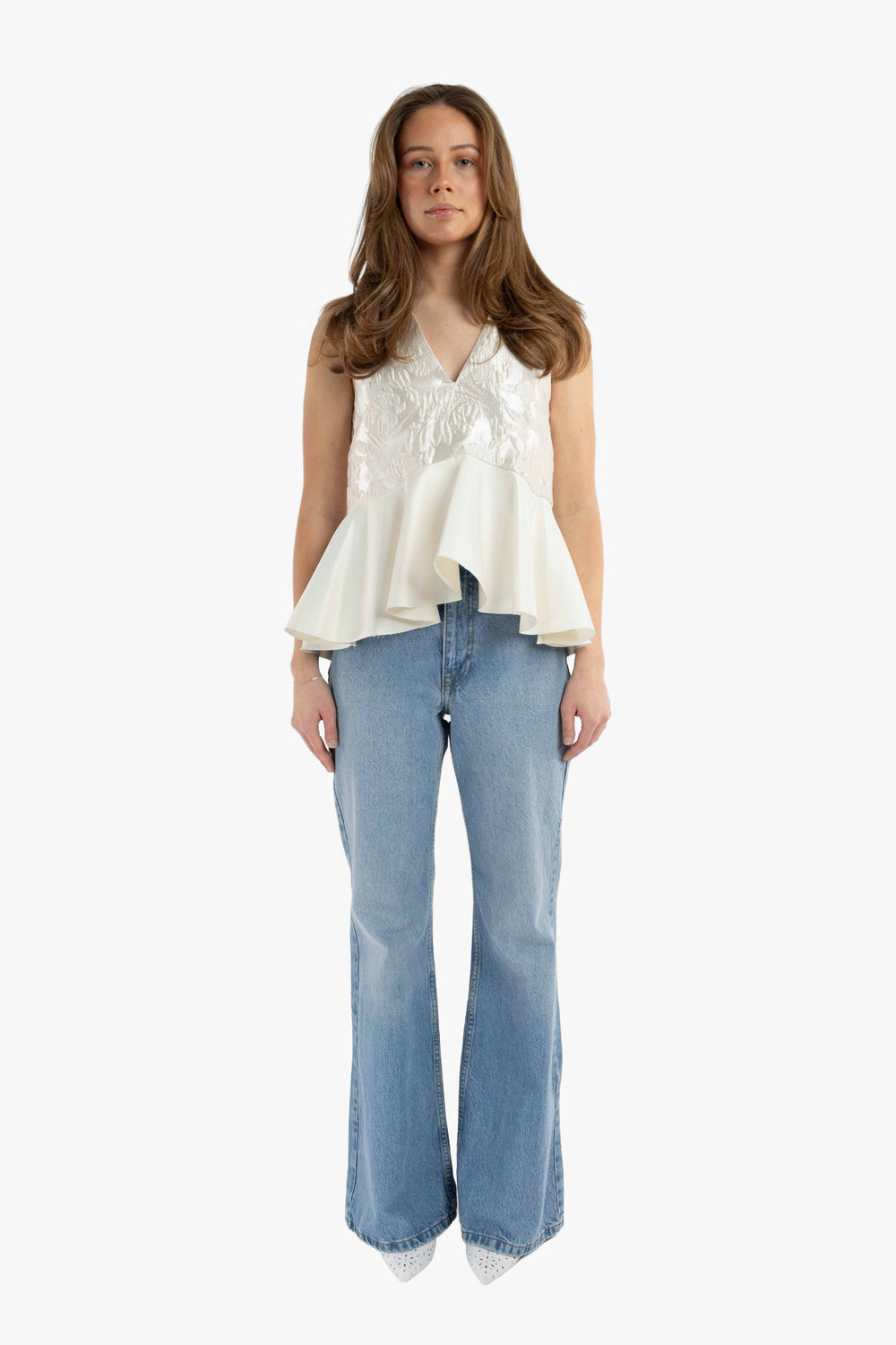 Satin Cloque Sleeveless Peplum Blouse