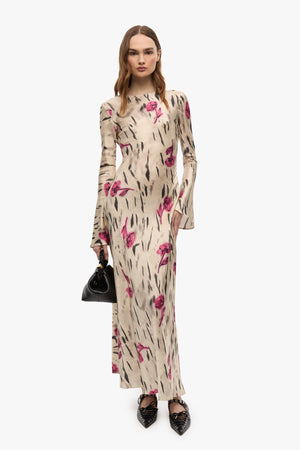 Printed Stretch Satin Long Sleeve Maxi Dress