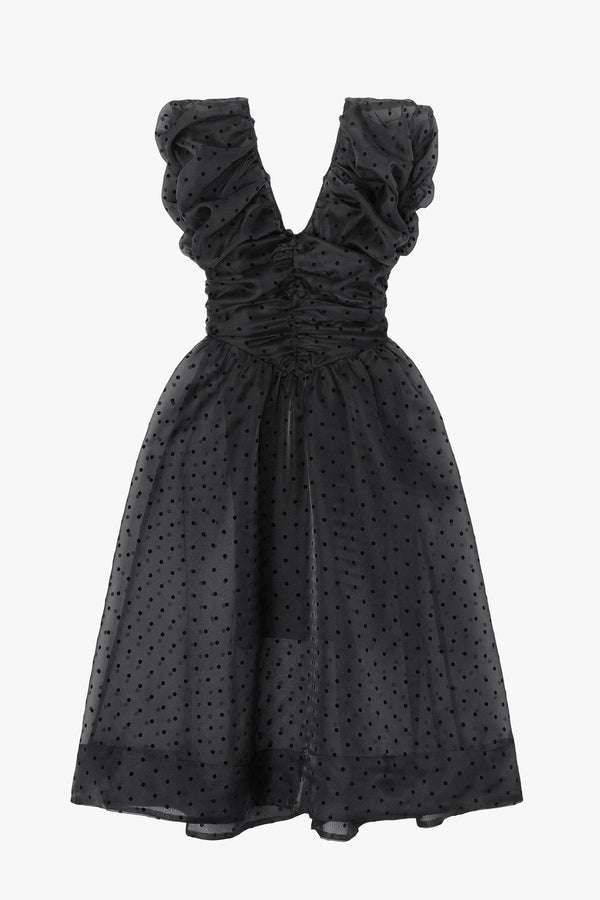 Flocked Organza Long Ruched Dress