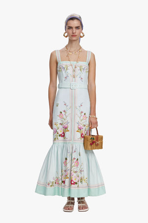 Mint Floral Linen Midi Dress