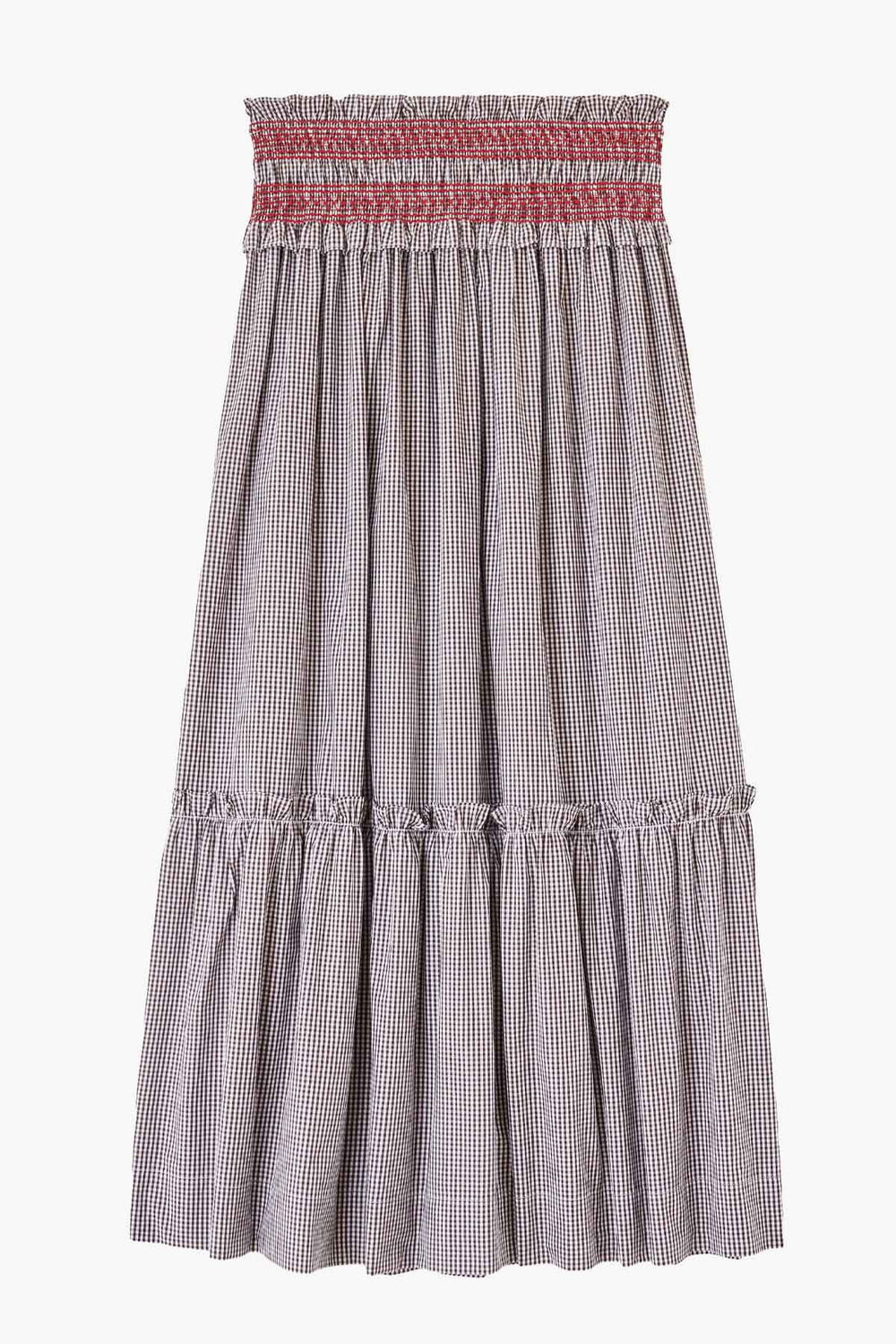 Check Cotton Smocked Waist Long Skirt