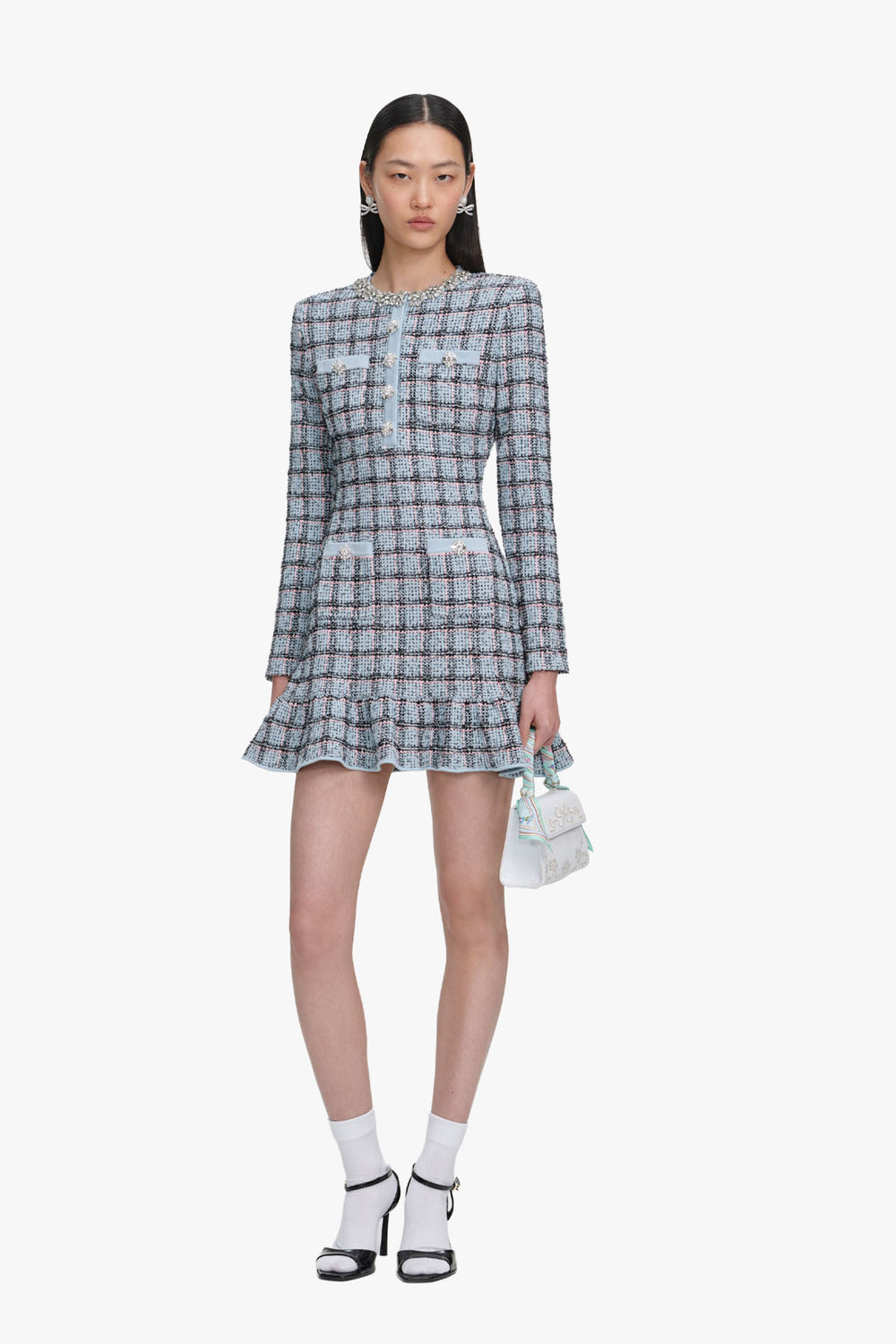 Blue Check Knit Mini Dress