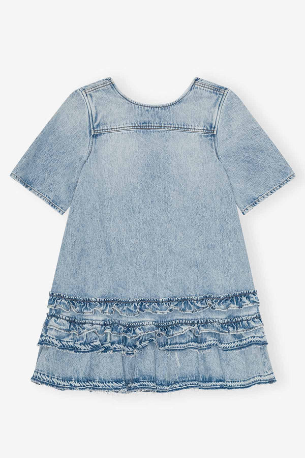 Soft Rigid Denim Open Back Frill Mini Dress