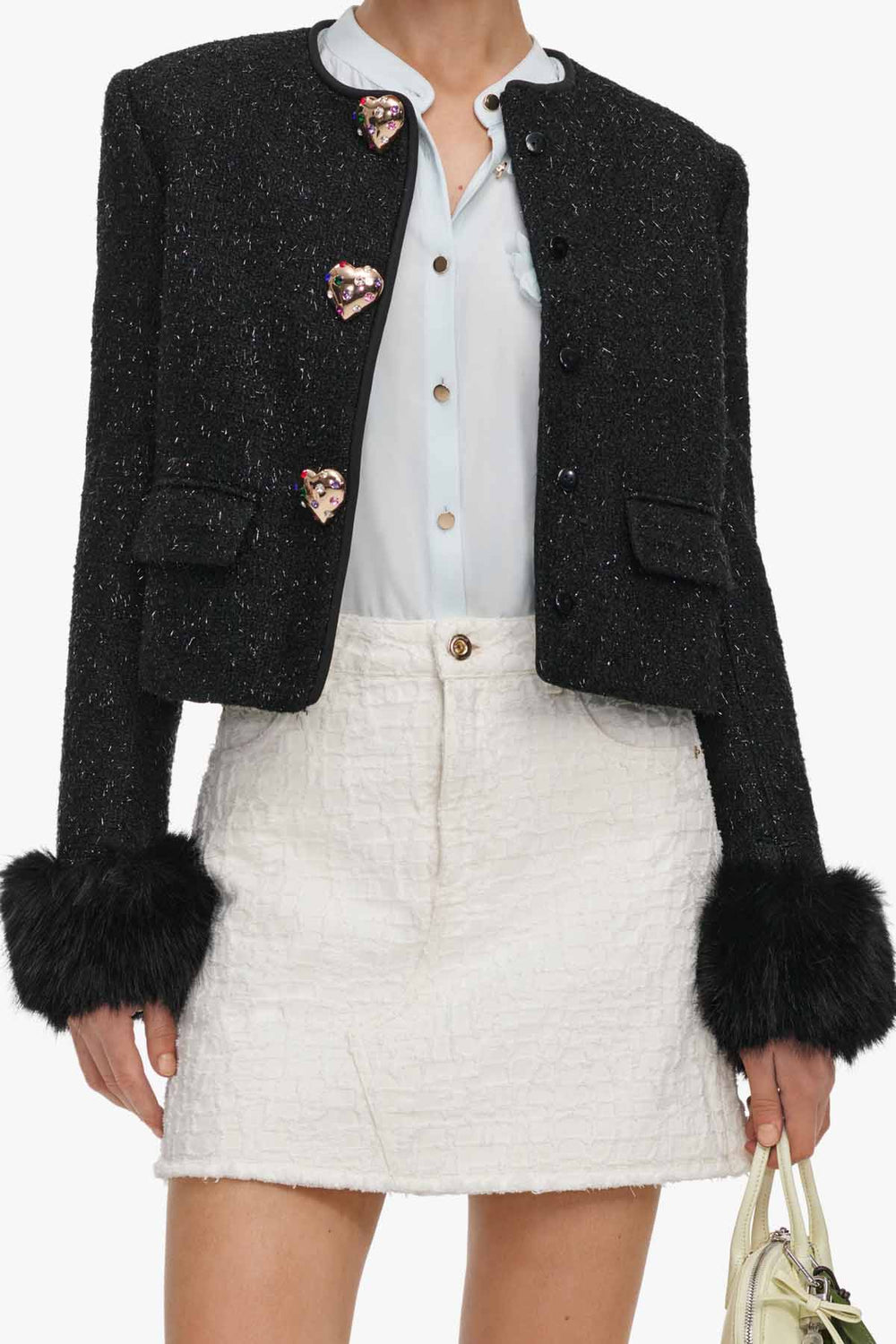 Black Metallic Boucle Fur Cuff Jacket