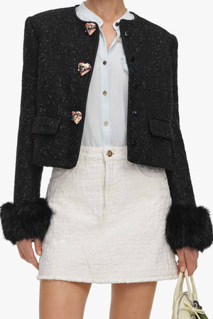 Black Metallic Boucle Fur Cuff Jacket