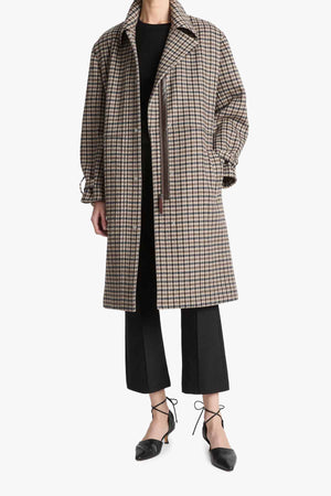 Plaid Car Coat With Faux Leather Trim