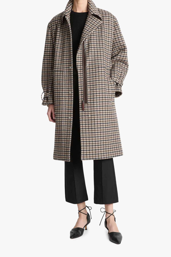 Plaid Car Coat With Faux Leather Trim