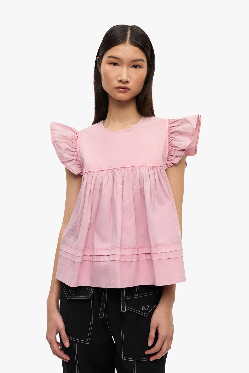 Washed Stretch Cotton Frill Sleeve Top
