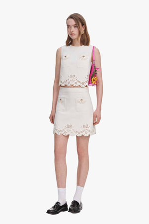 Cream Broderie Denim Mini Skirt