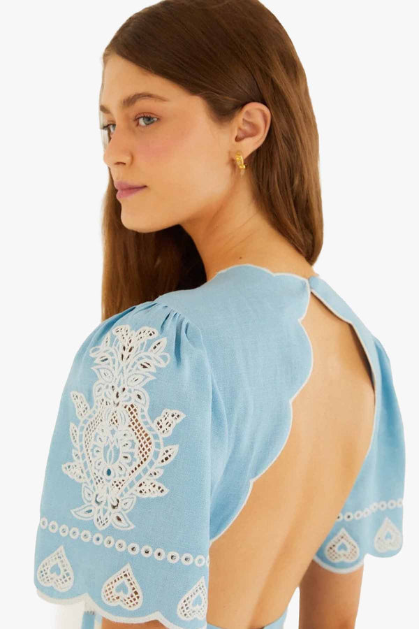 Light Blue Embroidery Short Sleeve Midi Dress